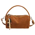 Brown frosted suede cylinder pillow bag with stylish wood bead tassel charm - With Charm / Brown