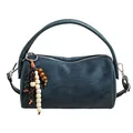 Retro cylinder underarm bag in dark navy suede with wooden bead charm and crossbody strap - With Charm / Blue