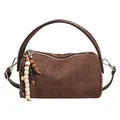 Deep brown matte suede cylindrical pillow bag with wooden bead charm and silver hardware - With Charm / Brown