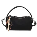 Retro black frosted suede cylinder shoulder bag with colorful bead tassel and strap - Black