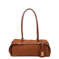 Borsa a spalla in camoscio marrone caramello con cinturini in pelle e fibbia dorata - Marrone
