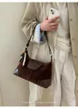 Retro brown suede and leather patchwork shoulder bag styled with beige trench coat - With Pendant / Coffee