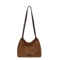 Brown faux suede tote bag with leather straps and vintage minimalist commuter design - No Pendant / Brown