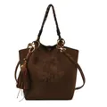 Brown suede bucket bag with beaded bows, woven handles, and decorative fringe tassel - With Pendant / Coffee