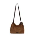 Brown suede tote bag with adjustable leather strap and a heart-shaped charm accessory - With Charm / Brown