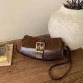 Retro dark brown crossbody bag in mixed leather and suede with a gold buckle - Brown
