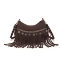 Sac bandoulière rétro en daim marron avec longues franges et pièces de monnaie - Marron