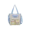 Pastel color block nylon tote bag with multiple pockets and adjustable blue strap - Blue