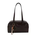 Deep brown faux leather pillow bag with long shoulder straps and wooden bead charm accessory - Coffee With Pendant