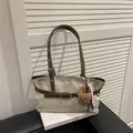 Retro canvas shoulder bag in beige with brown leather straps and a plush bear charm - With Pendant / Gray