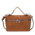 Brown faux suede lunchbox bag with heart zippers and detachable shoulder strap on white base - Brown
