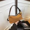 Borsa baguette vintage francese in pelle scamosciata caramello e vernice marrone lucida - Marrone