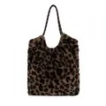 Schicke Oversize-Plüschtasche mit Leopardenmuster und gewebten Griffen für den Winter - Khaki