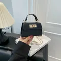 Mini black crocodile embossed handbag with gold chain strap and vintage metal lock - Black