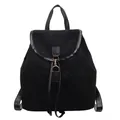 Retro black casual backpack for women featuring a matte fabric and glossy leather trim - Black
