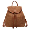 Vintage brown suede backpack for women with flap drawstring closure and top handle - Brown