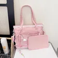 Pink large capacity tote bag with white lace trim and a clear window for display - Pink