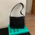 Vintage black suede tote bag with smooth leather trim and adjustable silver buckle strap - Black