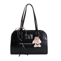 Retro black faux leather large tote bag with a zipper pocket and plush puppy charm - Black With Pendant