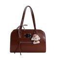 Retro dark brown large tote bag in oily leather finish with a cute dog charm and bow - Wine Red With Pendant