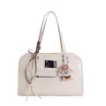Cream-white tote bag with puppy charm and plaid bow ribbon in high-quality faux leather - White With Pendant
