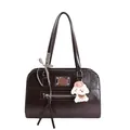 Dark brown patent leather tote bag with ribbon detail and plush dog pendant - Brown with Pendant