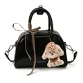Vintage black glossy pillow handbag with plaid bow and plush puppy charm for women - With Pendant / Black