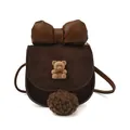 Cute dark brown cartoon crossbody bag for girls with plush bear and bow detail - Brown