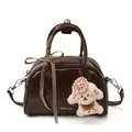Vintage dark brown bowling bag with a ribbon bow and a cute plush puppy charm - With Pendant / Dark Brown
