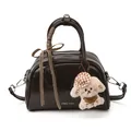 Retro dark brown boston pillow bag with plaid ribbon and cute puppy charm accessory - Brown