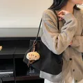 Retro black suede tote bag with a cute plush charm for casual daily commuting - With Pendant / Black