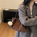 Vintage brown suede underarm tote bag with white cloud plush keychain accessory - With Pendant / Coffee