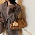 Vintage brown suede shoulder bag with cat paw charm for winter commuting style - With Pendant / Brown