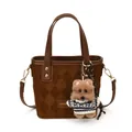 Retro dark brown suede quilted tote bag with cute bear charm and gold chain strap - No Pendant / Brown