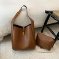 Caramel brown soft leather bucket bag and pouch set with golden hardware detail - Small / Main Bag With Inner Pouch / Brown