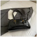 Retro black leather underarm bag with gold hardware and dual front pockets - Without Pendant / Black