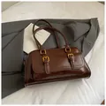 Retro deep brown underarm bag with glossy finish and double golden buckle detail - Without Pendant / Coffee