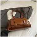 Deep brown retro underarm bag with glossy finish and dual golden buckles - Without Pendant / Brown