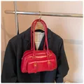 Chic red glossy leather underarm bag with vintage buckle detail for daily commute - Without Pendant / Red