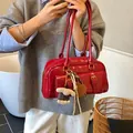 Vintage red glossy leather underarm bag with cute plush charms and heart pendant - With Charm / Red