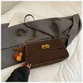 Brown retro crossbody bag in textured suede with gold chain and metal buckle - Coffee With Pendant