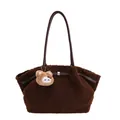 Dark brown fuzzy plush tote bag with leather strap and cute bear charm accessory - With Pendant / Brown
