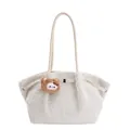 White fluffy fleece tote bag with brown bear charm and leather strap detail - With Pendant / White