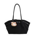 Black plush fleece tote bag with leather straps and cute brown bear charm detail - With Pendant / Black