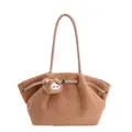 Brown fluffy teddy fleece tote bag with leather straps and a cute bear keychain accessory - With Pendant / Khaki