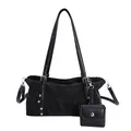 Borsa a spalla retrò in pelle scamosciata nera con rivetti argentati e mini pouch - Nero