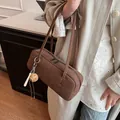 Brown frosted suede baguette shoulder bag with cute baseball charm for women - With Pendant / Brown
