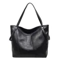 Minimalist large black PU leather tote bag with crinkled texture and silver metal rivets - Black