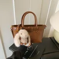 Brown vintage matte leather tote bag with gold buckle and plush rabbit keychain - No Pendant / Brown