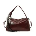 Retro dark red oil wax leather satchel with unique charms and glossy finish - With Pendant / Red